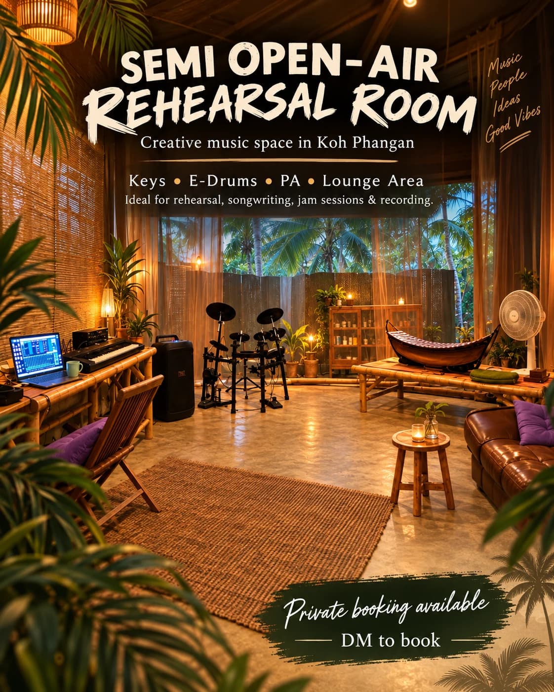 Semi-open-air rehearsal room in Koh Phangan with electronic drums, keyboard and tropical lounge setting.